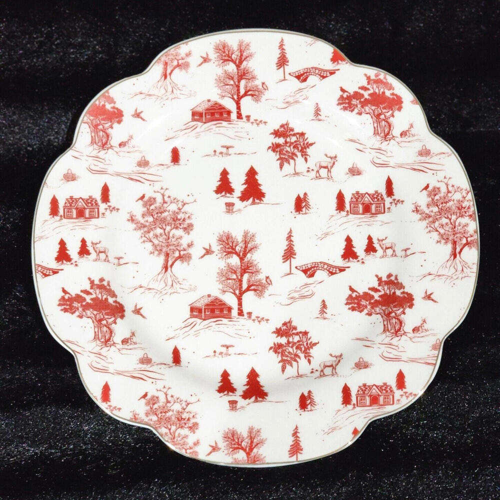 Grace Teaware Winter Village 4pc Red 9.25" Salad Plate Toile Scalloped Gold Trim